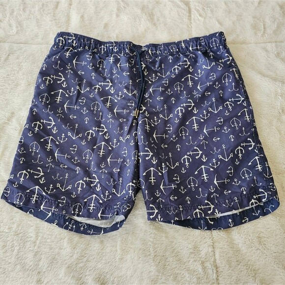 Lands End Men' Elastic Waist swim shorts trunks anchor pattern w/ pockets Medium - Picture 1 of 6